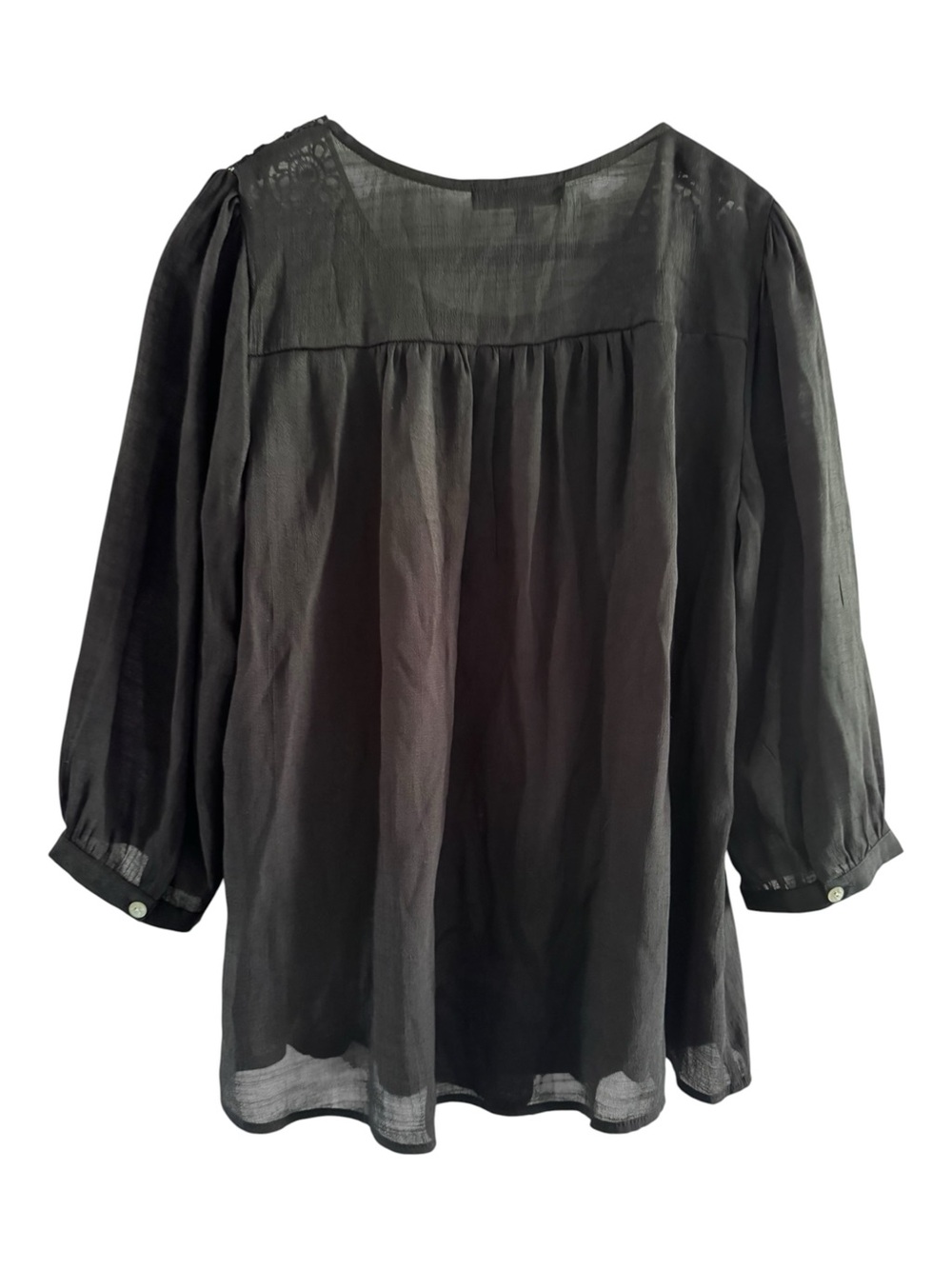 Figueroa & Flower Black Crochet Lace Boho Blouse Medium 3/4 Sleeve Peasant Top - Picture 7 of 13